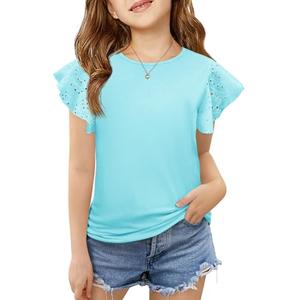 Imily Bela Girls Ruffle Sleeve Shirts Summer Crewneck Eyelet Tee Tops Casual Cute Blouse 4-6 Years Sky Blue