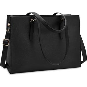 Laptop Bag for Women Waterproof Lightweight Leather 15.6 Inch Computer Tote Bag Business Office Briefcase Large Capacity Handbag Shoulder Bag Professional Office Work Bag, Black