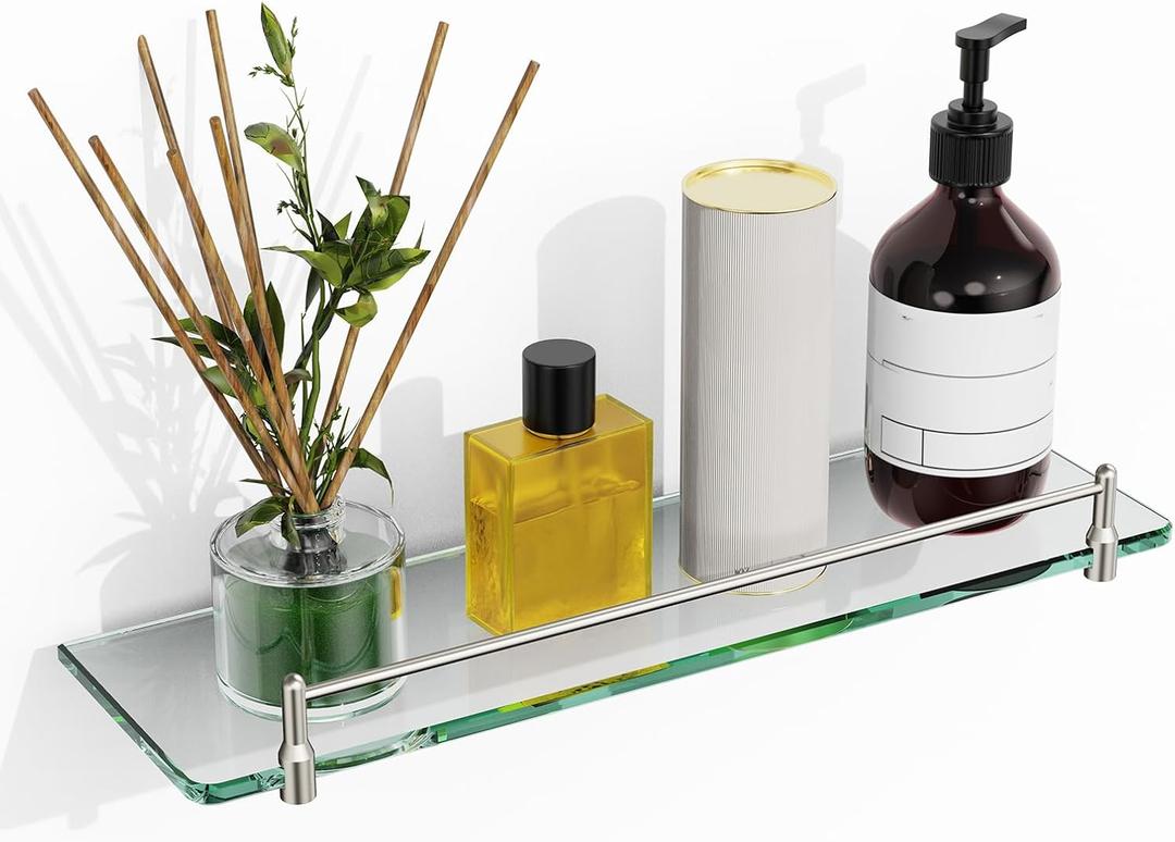 Glass Bathroom Shelves,Brushed Nickel Floating Shelves for Wall Rectangular Modern Stainless Steel Glass Shelf for Bathroom Shelves Wall Mounted 16 Inch (16"with Railing)