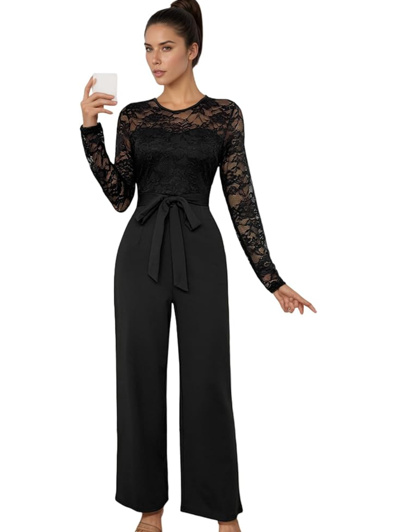 Hxkwox Women's Dressy Lace Patchwork Plain Crew Neck Jumpsuit Long Sleeve Wide Leg Jumpsuits Wedding Guest One Piece Outfits, Small