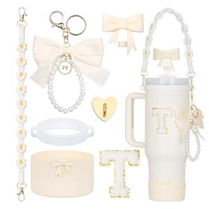 Rabrgab 7Pcs White Stanley Cup Accessories for 40Oz 30Oz 20Oz, Women Teen Girls Gifts, Stanley Tumbler Cup Decoration with Straw Topper, Bow Charm, Silicone Boot, Handle Strap, Letter Sticker T