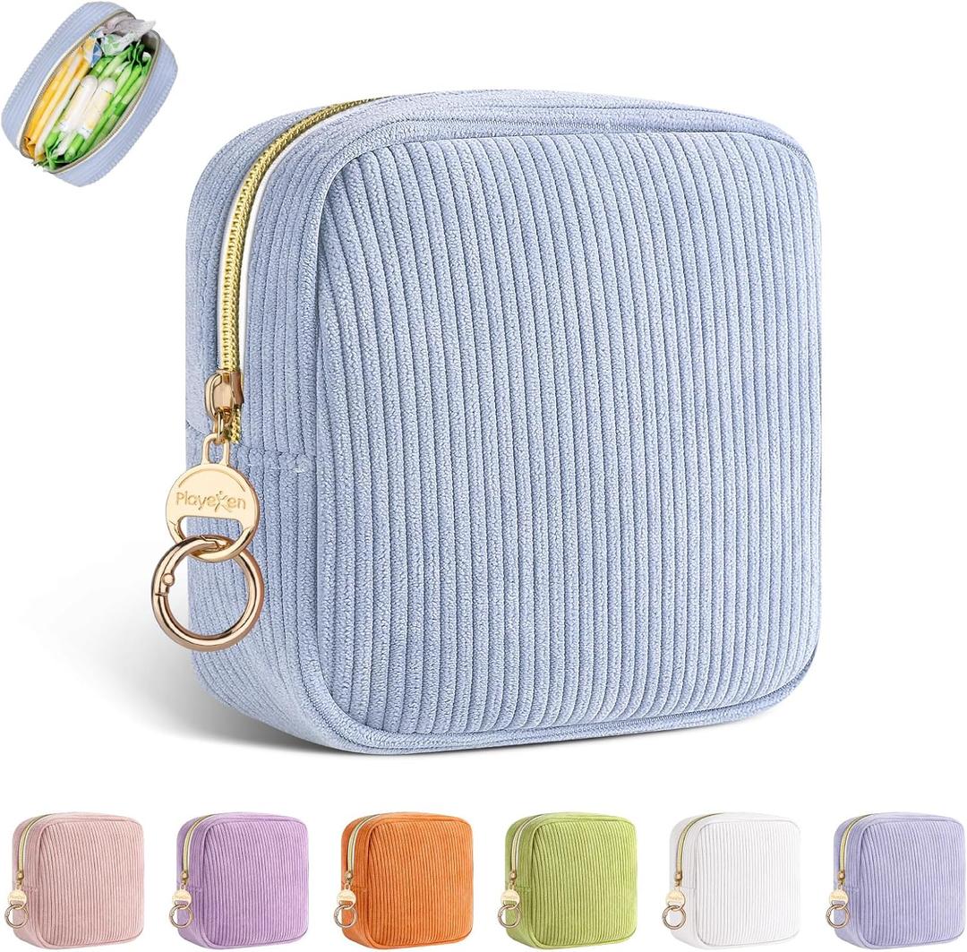 Period Bag for Teen Girls, Corduroy Sanitary Napkin Storage Bag, Menstrual Pad Pouches Tampon Holder for Purse (Blue)