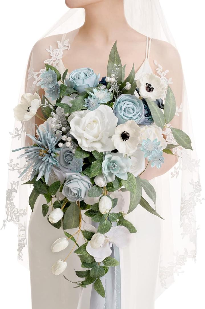Ling's Moment Dusty Blue Bridal Bouquet Cascading, Wedding Bouquets for Bride, 15 Inch Bride Bouquets for Wedding Artificial Flowers Bouquets