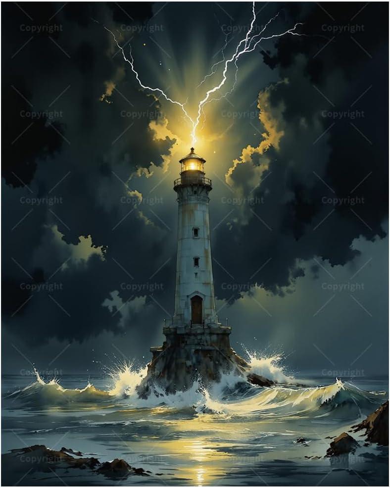 Stormy Lighthouse Paint by Numbers Kit for Adults - DIY Ocean Waves and Lightning Painting on Canvas, Acrylic Paint Set, Suitable for Beginners, Art for Home Decoration or Gifts(16X20IN Framed)