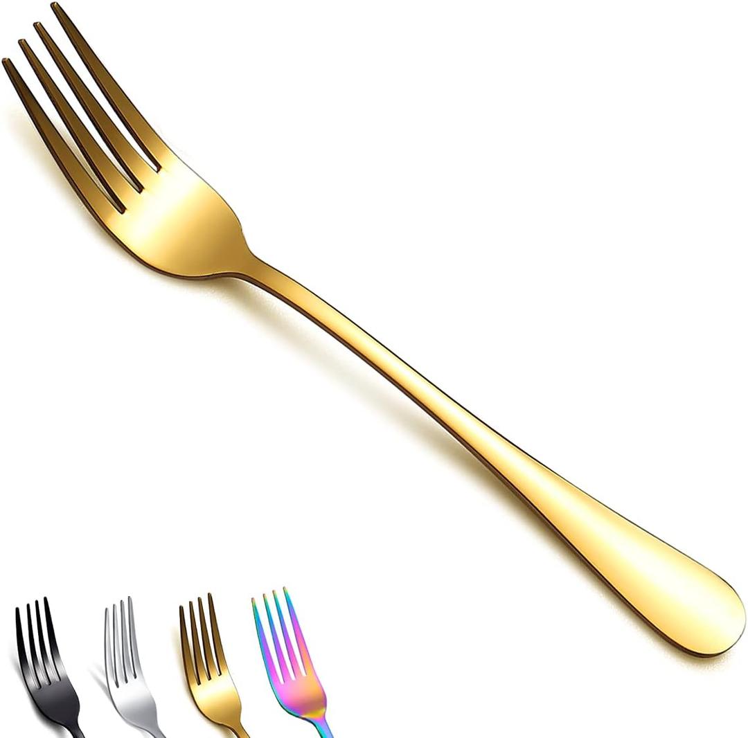 Gold Dinner Forks of 12, Berglander 7.9" Stainless Steel Titanium Shiny Gold Plating Fork And Spoons Silverware, Golden Table Forks Set Sturdy And Dishwasher Safe