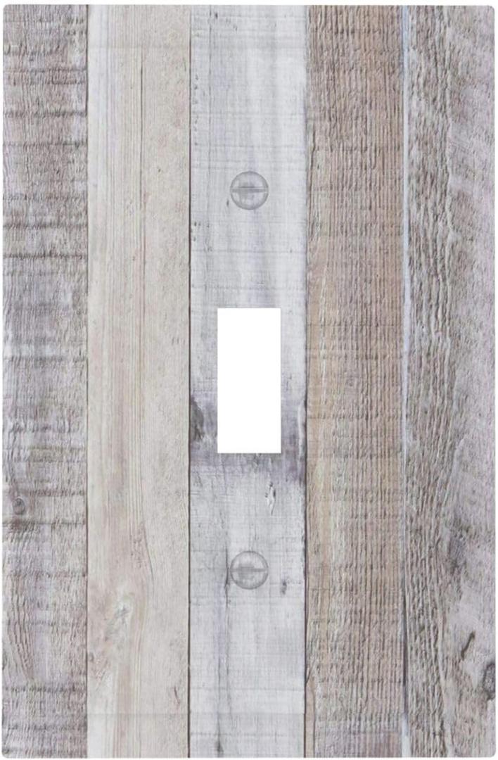 Vintage White Gray Wood Plank Grain Single Toggle Wall Plate Decorative 1-Gang Light Switch Cover Old Rustic Distressed Cabin Country Grey Wooden Texture Electrical Receptacle Face Plate Outlet Cover