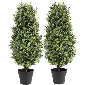 35inch Artificial Topiary Boxwood Tree, Faux Plants Outdoor 2 Packs Fake Bushes Faux Shrub, Artificial Topiary for Outdoors for Home Decor Indoor Front Porch