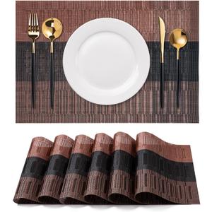 Placemats Set of 6 Washable Indoor/Outdoor Vinyl Place Mats for Dining Table Durable Non-Slip Heat Resistant PVC Weave Table Mats(Brown Black)