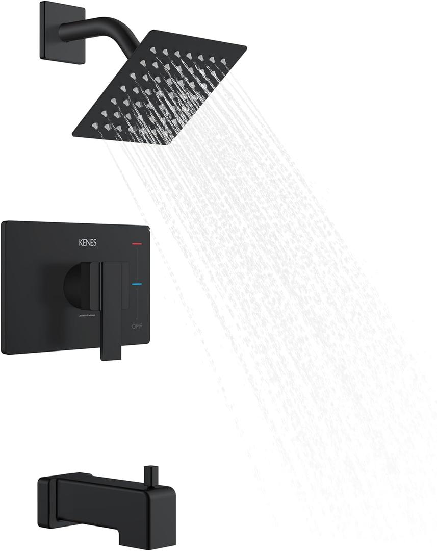 KENES Tub Shower Faucet Set Complete, Matte Black Tub and Shower Trim Kit with 6-Inch Rain Shower Head, Square Shower System, KE-6025A-2 (Shower Valve Included)