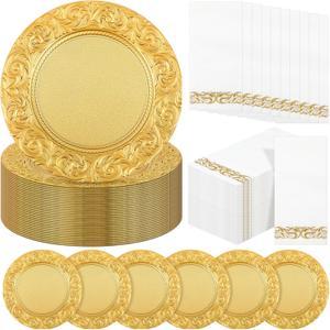 FoldTier 50 Set Antique Charger Plates with Napkins Set 13 Inch Plastic Round Chargers Bulk Embossed Rim Dinner Plates Elegant Guest Towels for Wedding Party Event Table Decoration Setting (Gold)