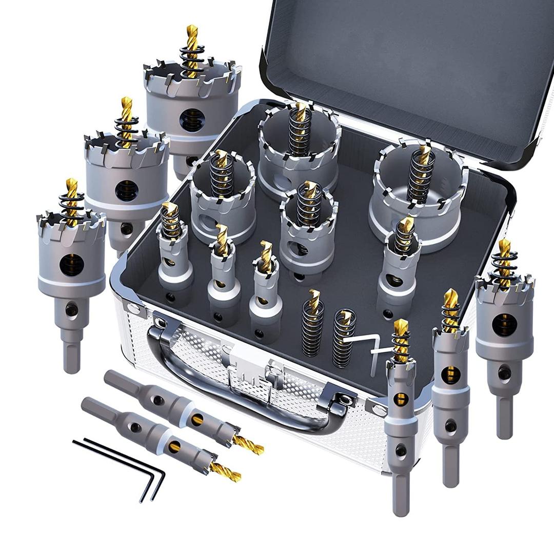 GSTK Upgrade Heavy Duty Carbide TCT Carbide Hole Saw Kit 10Pcs for Hard Metal, with 2*Extra Titanium Plated Pilot Center Drill and 2*L-Wrench (8pcs)