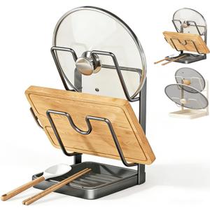 Kitchen Pot Lid Storage Rack, Pot Lid Holder While Cooking, Multifunctional Kitchen Pot Cover Organizer for Countertop, With Removable Drip Tray (Gray Double)