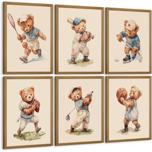 Nursery Bear Wall Art Boy Sports Canvas Wall Decor Baby Nursery Prints Vintage Teddy Bear Poster Boy Room Wall Art Kids Animal Pictures Painting for Bedroom Playroom 8x10 Inch Wood Framed Set of 6