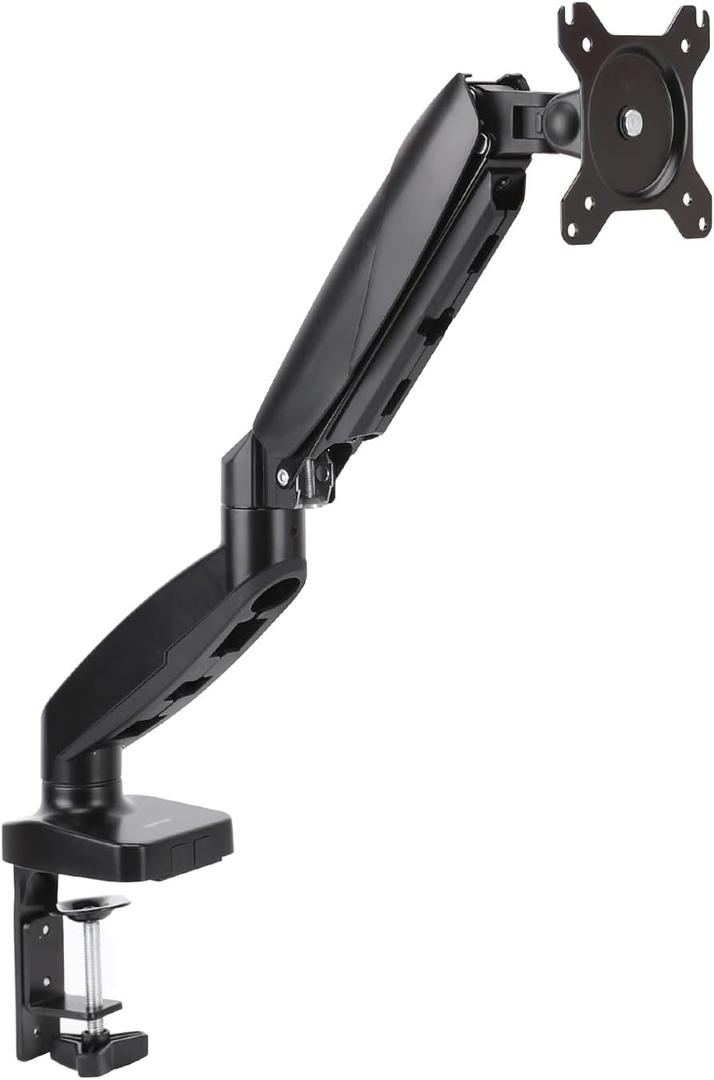 Amazon Basics Gas Spring Single Computer Monitor Arm Mount, Adjustable, Holds up to 27" Monitors, Black