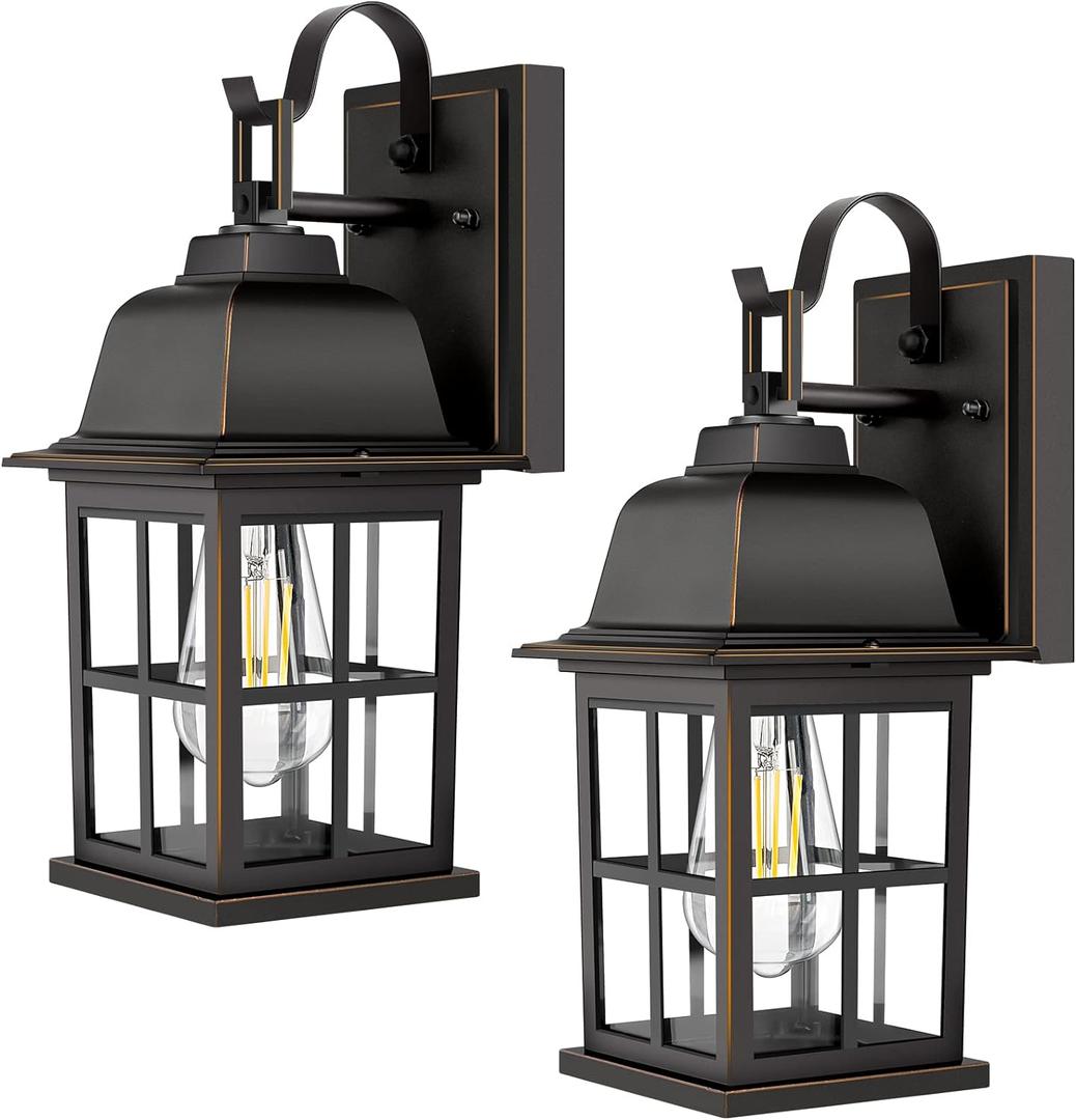 2-Pack Outdoor Wall Sconces, 100% Aluminium Oil-Rubbed Bronze Exterior Light Fixtures Wall Mount, Waterproof &Anti-Rust Outside Wall Lanterns Porch Lights for House Garage Doorway, Bulbs Not Included