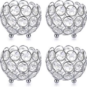 OwnMy Set of 4 Crystal Bowl Tealight Holders Small Round Votive Candle Holders, Silver Crystal Tea Light Candle Lanterns Candle Stands for Dining Table Centerpieces Wedding Decors