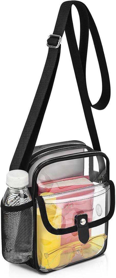 SPODEARS Clear Crossbody Bag for Stadium Events & Concerts - Adjustable Shoulder Strap Purse with 1 Bottle Holder (Small, Black)