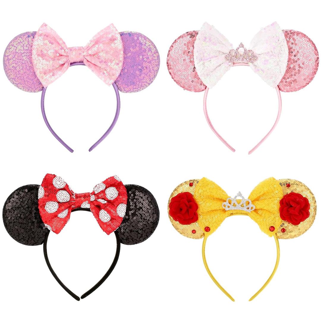 4Pcs Mouse Ears Headband for Women and Girls - Sequin Mouse Ears for Boys Girls Women,Glitter Bows Headband for Kids Adults Birthday Party Costume HalloweenGolden+pink+Purple+white dot