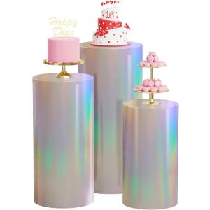 Wokceer Cylinder Pedestal Stand Covers for Party 3Pcs Spandex Iridescent Cylinder Stand for Party Covers Plinth Pedestal Stand Cover Pillar for Birthday Party Wedding Decor
