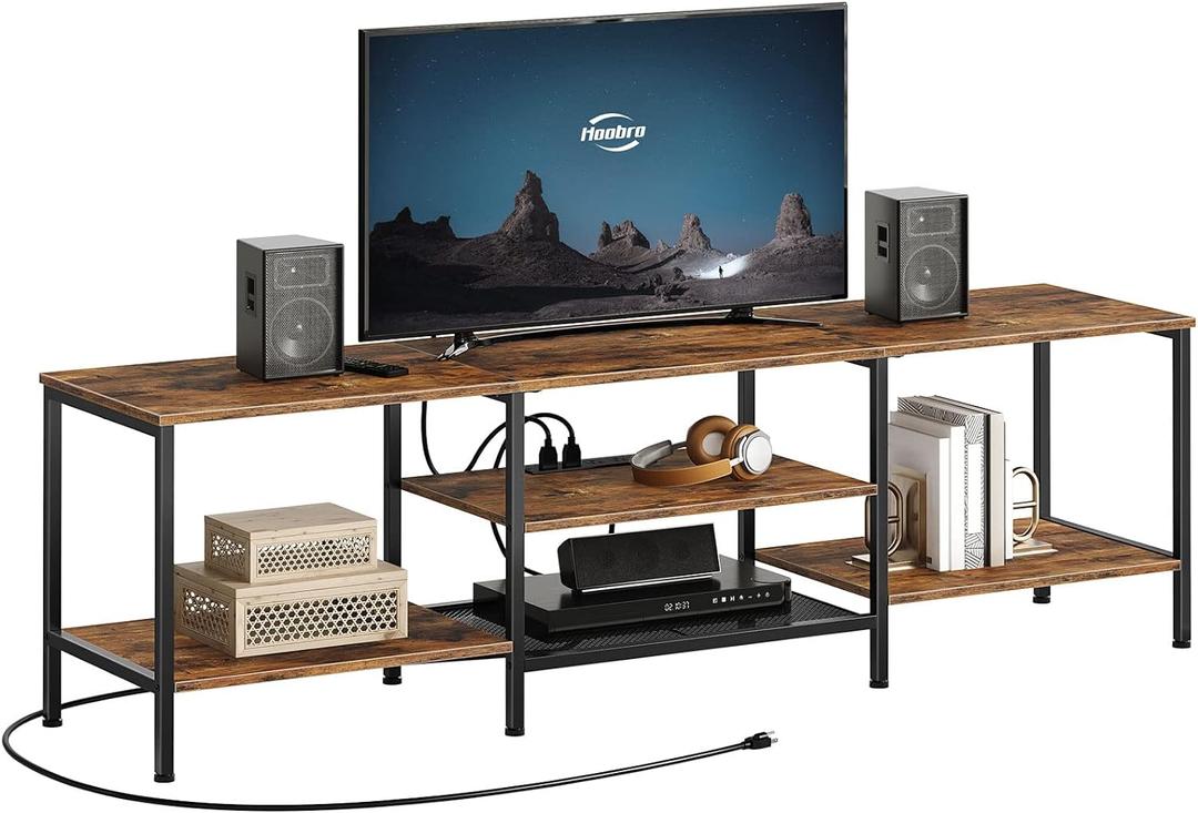 HOOBRO TV Stand with Power Outlets to 75 Inches, TV Console Table with Open Storage Shelves Cabinet, Industrial Media Entertainment Center for Living Room Bedroom, Rustic Brown and Black BF80DS01 (70.9 Inch)