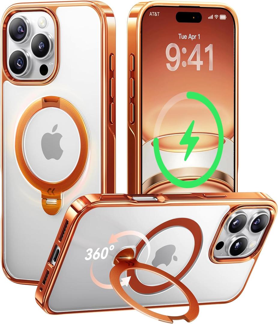 CASEKOO Cosmic Orange Glossy for iPhone 16 Pro Max Case with 360 Spin Magnetic Stand [Fit for Magsafe][16FT Military Protection] Slim Polished Frame Titanium Alloy Sturdy Stand 6.9'', Cosmic Orange