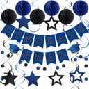 Seenelling 2026 Graduation Decorations Blue Black Congrats Grad Banner with Hanging Swirl Honeycomb Ball Circle Garland Grad Party Favor Supplies for College Senior High School Classroom Decor