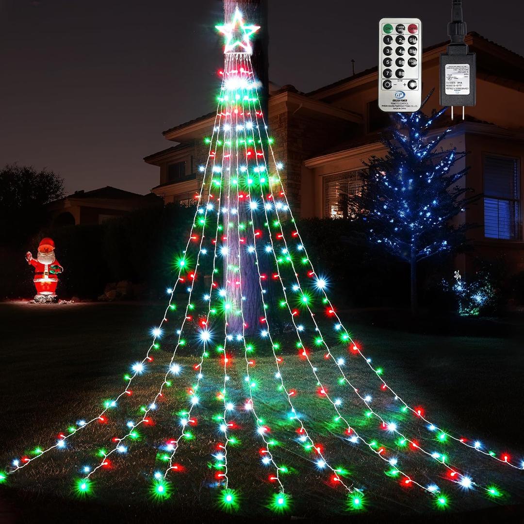 WBao Outdoor Christmas Decorations with 12" Star Topper, 344 LED 11.9ft Waterfall Christmas Lights, Remote Control 8 Modes, 3 Timers, UL Listed Waterproof for Tree Roof Porch Decor, Red Green White