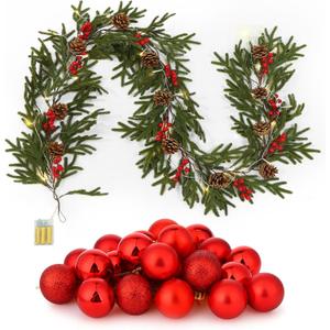 6.5 FT Christmas Garland with Pinecones, 24 Red Xmas Ornaments, 78.7inch LED Lights Without Battery for Christmas Home Bedroom Wedding Party Mantle Table Centerpiece Decoration