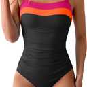 Aidonger Women's Ribbed One Piece Swimsuits Color Block Tummy Control Bathing Suit Slimming 1 Piece Swimwear (Medium, Pink-Orange-black)
