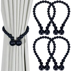 Magnetic Curtain Tiebacks, Curtain Tie Backs for Curtains 4 Pack, Wood Bead Curtain Tiebacks, Curtain Holders for Boho Bedroom Decor, Baby Nursery Decor, Farmhouse Decor (Black)