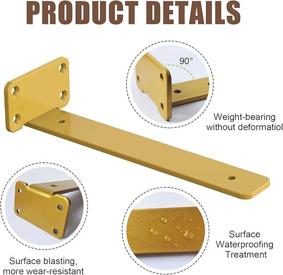 2 PCS Gold Iron Heavy Duty Brackets Without Lip, 4 Inch Supports DIY for Shelves Bracket with 5mm Thick, Industrial Modern Floating Shelf Support for Wall Mount Shelves