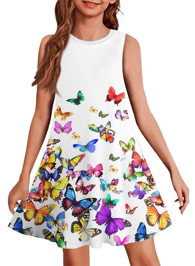 Girls Dresses 8-9 Years Sleeveless Girls Summer Dress Tiered A-Line Girls Casual Dress Midi Sundress Butterfly Print White for Daily & Party