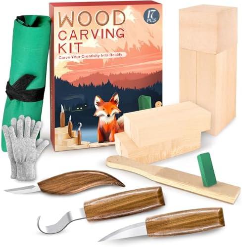 Wood Carving Kit, Whittling Kit for Beginners 17PCS Wood Carving Tools with 3PCS Whittling Knife 9PCS Basswood Blocks & Gloves & Strop Block & Polishing Compound Wood Carving Set Hobbies for Adults