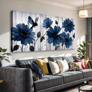 Wall Art Decor Blue Floral Canvas Wall Art Modern Daisy Print with Bird Living Room Decor Gray Wooden Board Background Framed Office Home Decor Size 20 x 40 in