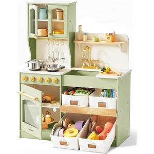Tiny Land Wooden Play Kitchen for Kids  Enhanced Storage with Cabinets & Bins, Modern Toddler Kitchen Playset with Stove, Sink & Accessories (Green)