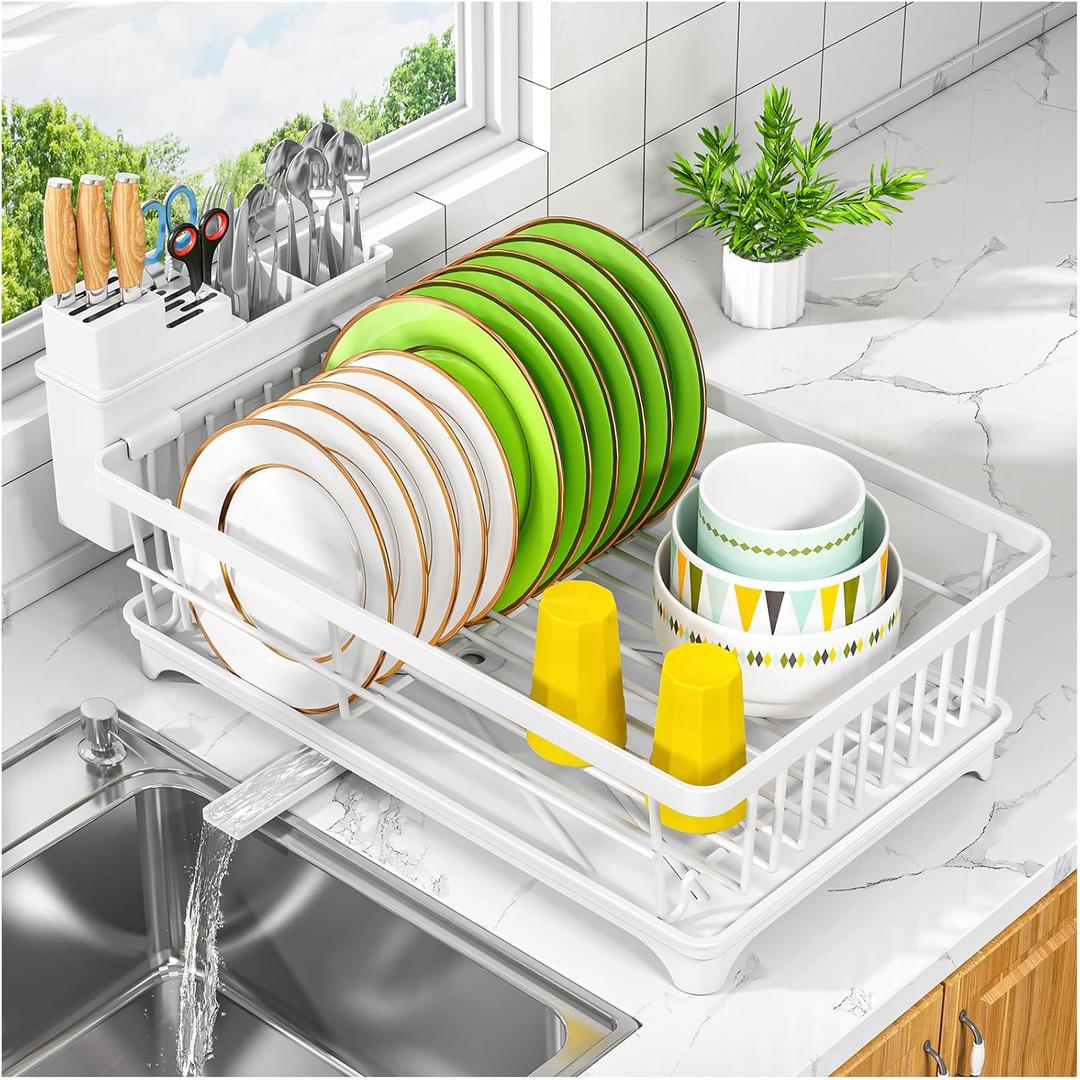 Kmiectse Dish Drying Rack - Space-Saving Small Dish Rack for Kitchen Counter, Rust-Resistant Kitchen Drying Rack, Compact Dish Drainer Organizer with Utensil Holder for Home Kitchen, White, 15.2 L x 11.2 W x 5.7 H