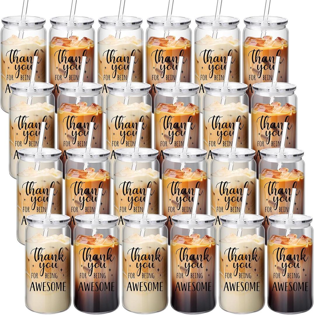 24 Set Thank You Gifts Employee Appreciation Gifts 16 oz Plastic Coffee Cups Bulk Reusable Inspirational Cups with Lid and Straw for Office Coworkers Valentines(Thank You), 5.51 X 2.76 inches