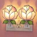 Baquler 2 Pcs Stained Glass Pink Rose Night Light Plug into Wall, Pink Floral Spring Flower Light Decor for Home Bedroom Bathroom Kitchen Hallway Valentine's Mother's Day Easter Decoration
