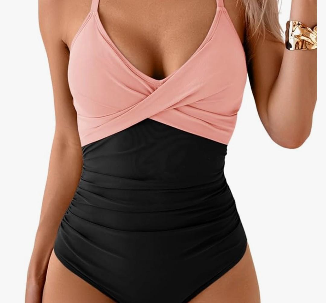 B2prity Women's One Piece Swimsuits Tummy Control Front Cross Bathing Suits Tie Back Slimming V Neck Swimwear, Large