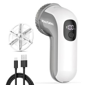BEAUTURAL Fabric Shaver, Rechargeable Lint Remover, Electric Portable Sweater Defuzzer with 3 Speeds, 6 Leaf Blades, Digital LED Display, Remove Pilling for Clothes, Furniture, Sweater, Couch, Blanket (Standard, Gray&white)