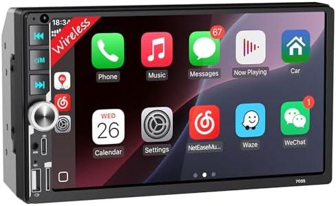 7'' Double Din Car Stereo with Upgraded Wireless Apple Carplay & Android Auto, 240W Powerful Sound, Bluetooth Handsfree, RDS/FM/AM Reiceiver, USB Type-C Charge/AUX/TF Full Ports, Touchscreen Radio
