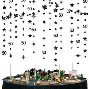 Black 50th Birthday Decorations Number 50 Circle Dot Twinkle Star Garland Metallic Hanging Streamer Bunting Banner Backdrop for 50 Year Old Birthday Happy 50th Anniversary Fiftieth Party Supplies