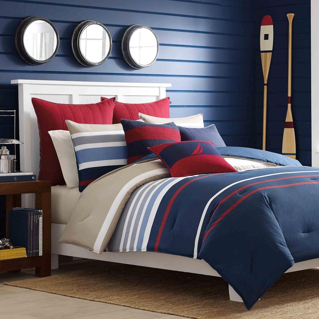Nautica - Twin Duvet Cover Set, Cotton Reversible Bedding with Button Closure, Casual Home Decor (Bradford Navy/Khaki, Twin)