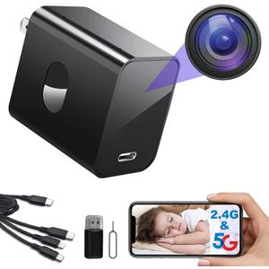 4K Nanny Cam Hidden Camera Supports 2.4G&5GHz WiFi, Hidden Camera Charger, Small Nanny Cam with Human Detection, Night Vision, 160Wide View-Angle, Type C Nanny Camera for Home