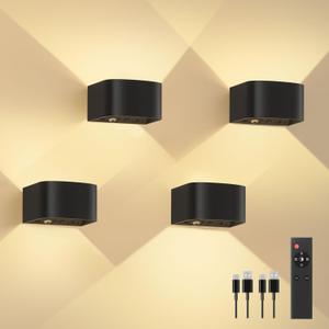 FULEN 4 Pack Motion Sensor Wall Lamp with Remote Control 3 Colors Wireless Wall Light LED Indoor Up and Down Wall Sconce 5000mAh Rechargeable Battery Powered Wall Lamps Brightness Adjustable,Black