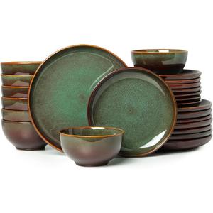 24 Piece Dinnerware Sets for 8, Modern Stoneware Plates and Bowls Setst, Perfect for Family Gatherings & Holiday Celebrations, Easy Cleaning Dishes Set, Stack Compactly Dishware, Brown Green