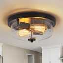 Black Flush Mount Ceiling Light Farmhouse Outdoor Porch Light Fixtures With Seeded Glass Shade, 2-Light for Kitchen Hallway Foyer