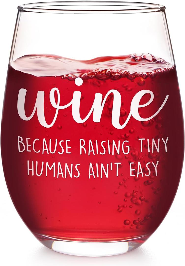 Futtumy Raising Tiny Humans Ain’t Easy Stemless Wine Glass, Mother’s Day Father’s Day Christmas Birthday Gag Gifts for Mom Dad New Parents New Mom Women from Kids Wife Husband, Funny Wine Glass, 17 Oz