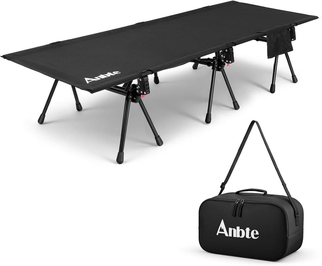 Anbte Height Adjustable Camping Cot with Storage Net & Bag, Support up to 400lbs Comfortable Portable Cots for Adult Folding Bed for Camping Hiking Travel Truck Beach Office Nap, Black