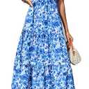 PRETTYGARDEN Summer Dresses for Women 2026 Casual Floral Boho Midi Sun Dress Puff Short Sleeve Flowy Beach Vacation Sundress (X-Large, Blue Apricot)